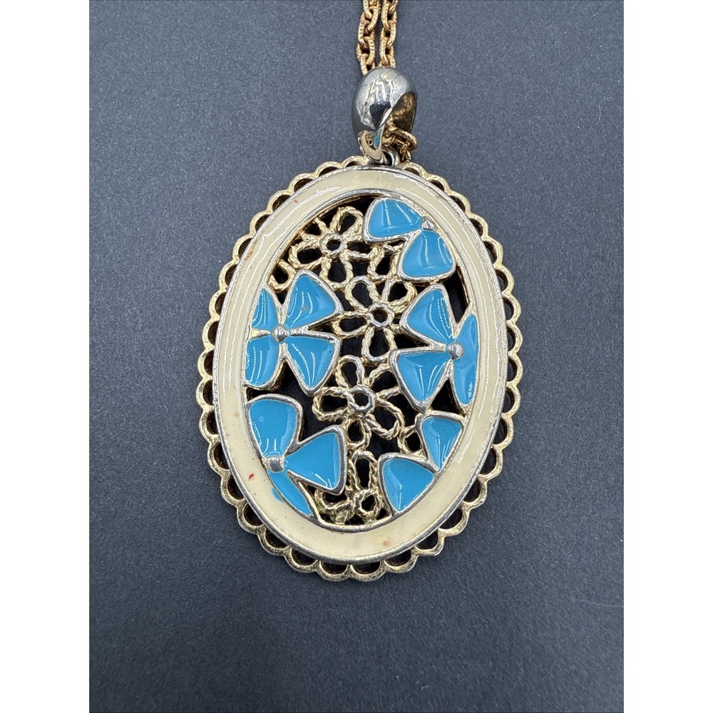 Vintage Oval Blue Enamel Gold Pendant‎ Long Cottagecore Boho Floral Necklace